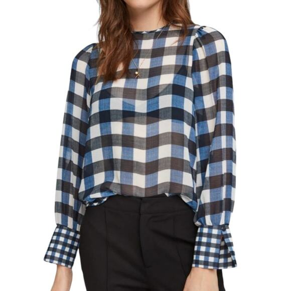 Scotch & Soda Tops - Scotch & Soda Aloha Hula Navy Blue White Sheer Checked Long Blouson Sleeve Top S